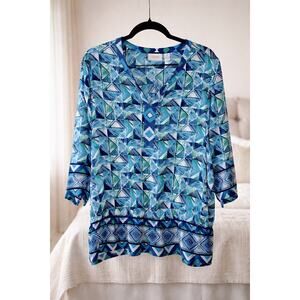 Chico’s Beaded Sheer Peplum Top Blue Geometric Split Neck 3/4 Sleeve M 12 Resort